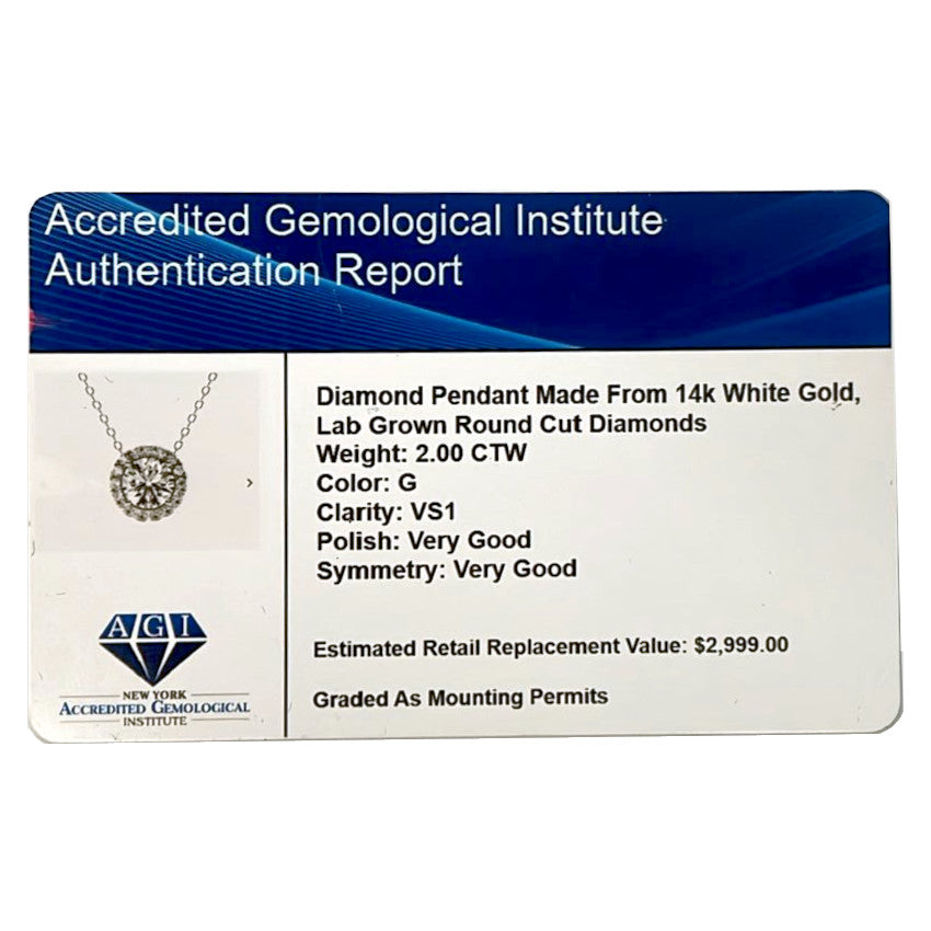 AGI Certified Lab-Grown Diamond Halo Pendant Necklace in 14kt White Gold – 1 CTW or 2 CTW